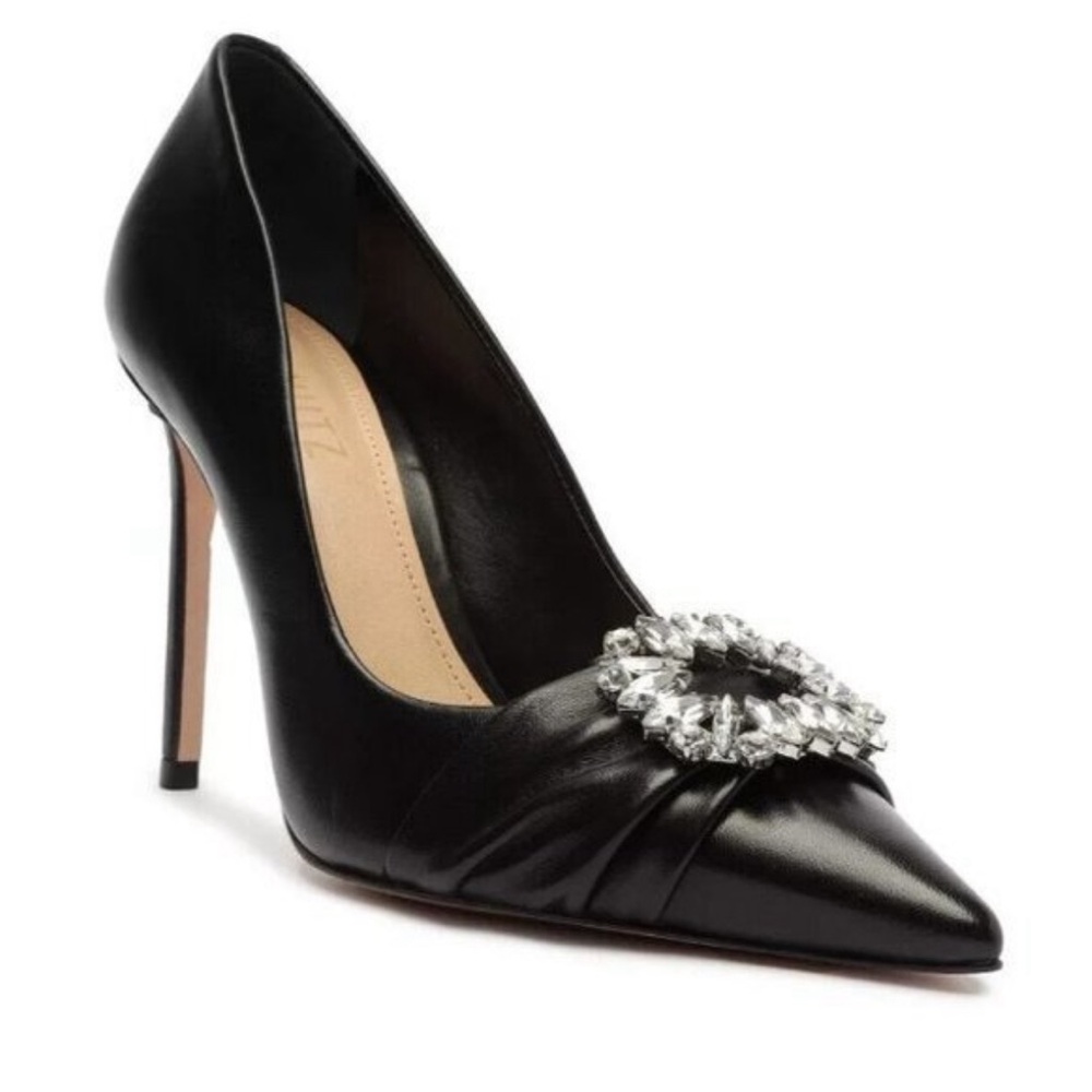 SCHUTZ Black Pointed Toe Crystal-Embellished Leather Pumps